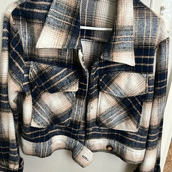 Windsor Womens Plaid Shacket Jacket - Navy & Cream - Picture 1 of 3